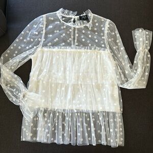 AX Paris Cream Mesh Polka Dot Frill Top Size 8